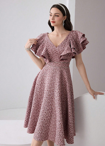 Светло-бордовое кэжуал платье клеш SHEIN с цветочным принтом