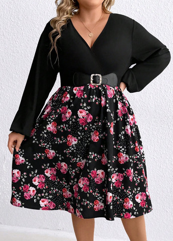 Черное кэжуал платье клеш SHEIN розы