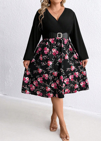 Черное кэжуал платье клеш SHEIN розы