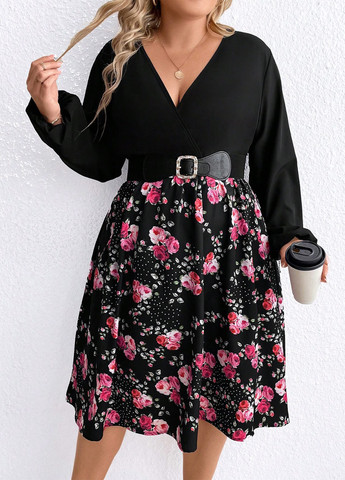 Черное кэжуал платье клеш SHEIN розы