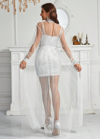 Серебряное коктейльное, вечернее платье футляр SHEIN однотонное