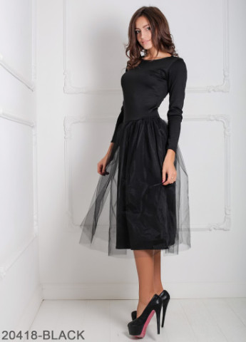 Черное кэжуал нарядное платье с рукавом три четверти и фатином на юбке lashes Podium однотонное