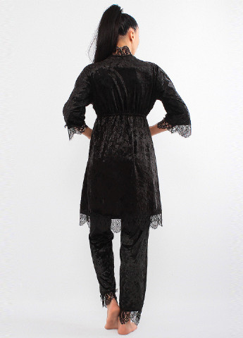 Чорний демісезонний комплект (халат, топ, штани) Ghazel