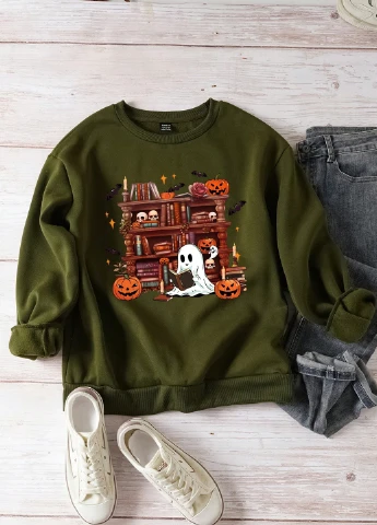 Хаки свитшот SHEIN рисунок без декора (316507389)