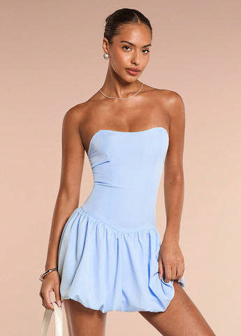 Синя кежуал сукня балон, бандо SHEIN однотонна