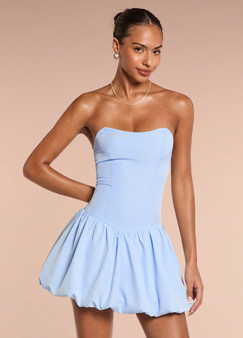 Синя кежуал сукня балон, бандо SHEIN однотонна