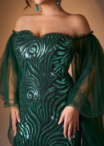 Темно-зеленое праздничный, вечернее платье а-силуэт SHEIN с рисунком