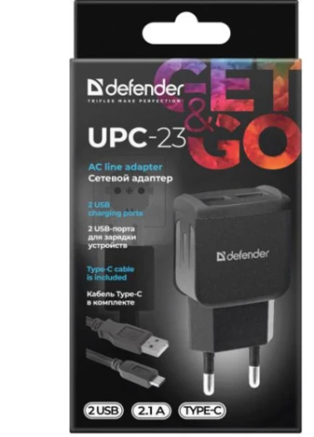 Зарядний пристрій UPС-23 2xUSB, 5V / 2.1А кабель Type-C (83583) Defender (216637377)