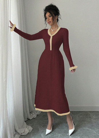 Бордова кежуал сукня кльош, сукня светр SHEIN колор блок