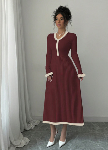 Бордова кежуал сукня кльош, сукня светр SHEIN колор блок