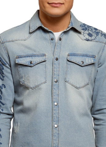 Голубой джинсовая рубашка с рисунком Oodji с длинным рукавом