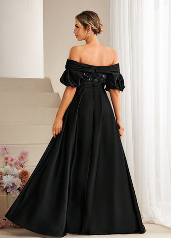 Черное вечернее платье клеш, с открытыми плечами SHEIN однотонное