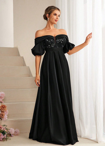 Черное вечернее платье клеш, с открытыми плечами SHEIN однотонное