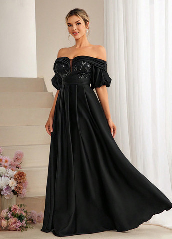 Черное вечернее платье клеш, с открытыми плечами SHEIN однотонное