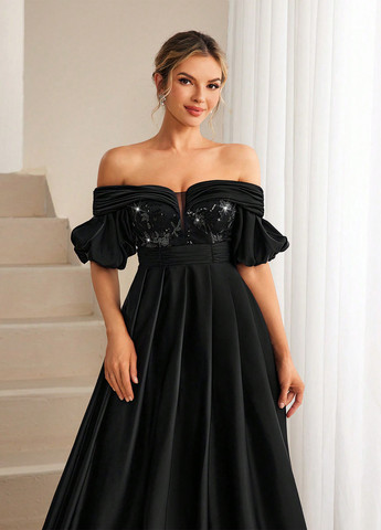 Черное вечернее платье клеш, с открытыми плечами SHEIN однотонное