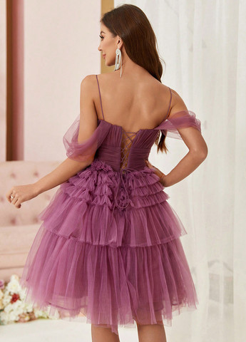 Фиолетовое коктейльное, праздничный платье бэби долл, клеш, с открытыми плечами SHEIN однотонное