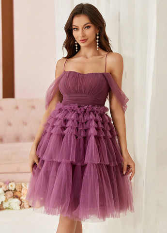 Фиолетовое коктейльное, праздничный платье бэби долл, клеш, с открытыми плечами SHEIN однотонное