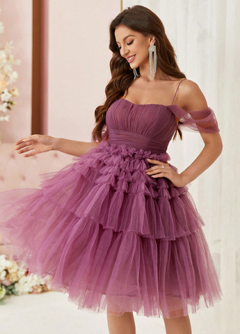 Фиолетовое коктейльное, праздничный платье бэби долл, клеш, с открытыми плечами SHEIN однотонное