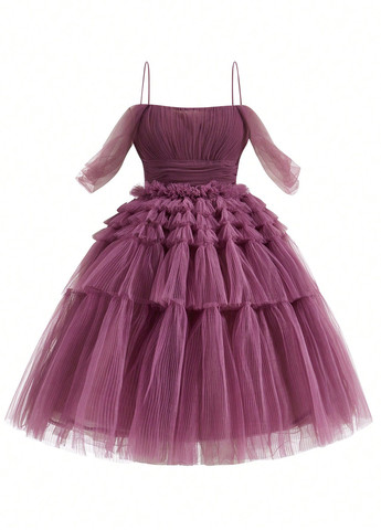 Фиолетовое коктейльное, праздничный платье бэби долл, клеш, с открытыми плечами SHEIN однотонное