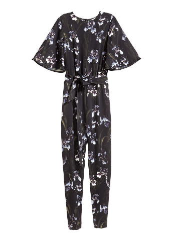 Комбінезон H&M комбінезон-брюки квітковий чорний кежуал атлас, поліестер
