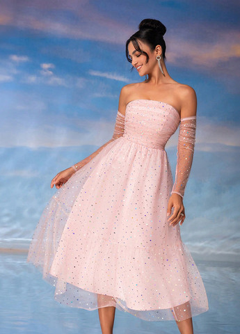 Светло-розовое вечернее, коктейльное, праздничный платье а-силуэт, бандо, с открытыми плечами SHEIN однотонное