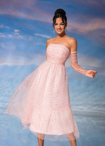 Светло-розовое вечернее, коктейльное, праздничный платье а-силуэт, бандо, с открытыми плечами SHEIN однотонное