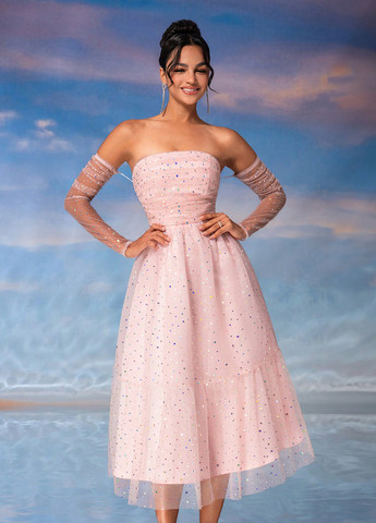 Светло-розовое вечернее, коктейльное, праздничный платье а-силуэт, бандо, с открытыми плечами SHEIN однотонное