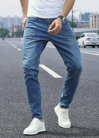 Синие демисезонные слим джинсы SHEIN