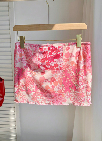 Розовая кэжуал цветочной расцветки юбка SHEIN а-силуэта (трапеция)