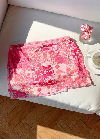 Розовая кэжуал цветочной расцветки юбка SHEIN а-силуэта (трапеция)