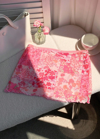 Розовая кэжуал цветочной расцветки юбка SHEIN а-силуэта (трапеция)