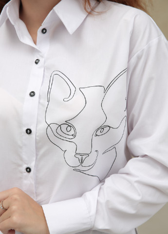 Біла демісезонна класична блуза з вишивкою мордочки кота INNOE Рубашка