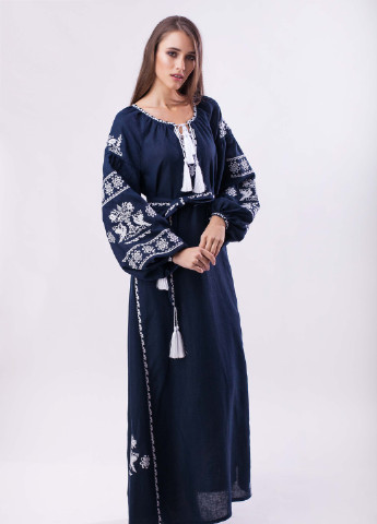 Платье с вышивкой BeART Чарівна птаха орнамент синяя кэжуал лен