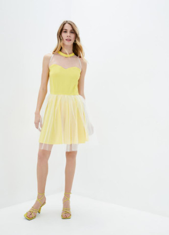 Желтое вечернее вечернее женское коктельное платье с сеткой колокол Podium однотонное