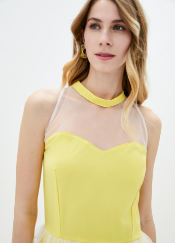 Желтое вечернее вечернее женское коктельное платье с сеткой колокол Podium однотонное