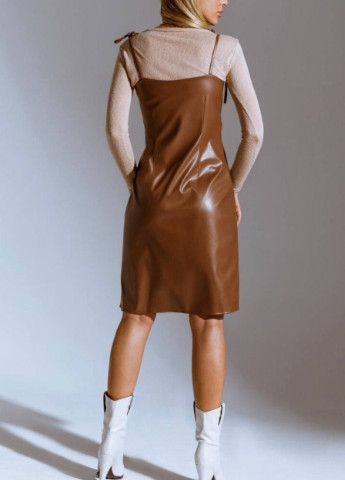 Коричневое коктейльное платье из эко-кожи Hand Made однотонное