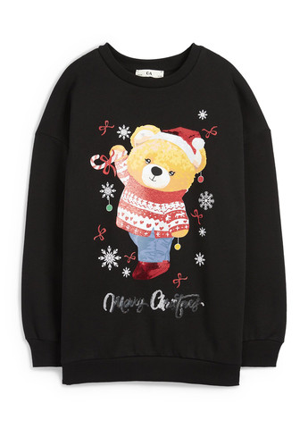 C&A свитшот новогодний черный кэжуал хлопок, трикотаж с начесом