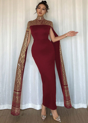 Темно-красное вечернее платье силуэтная, платье-кейп SHEIN колор блок