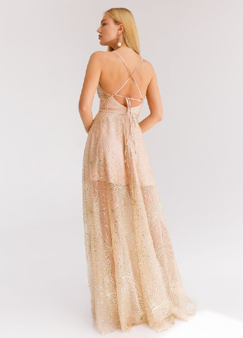 Бежева вечірня сукня кльош Gepur з абстрактним візерунком