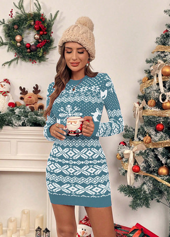 Бирюзовое кэжуал платье платье-свитер SHEIN с орнаментом