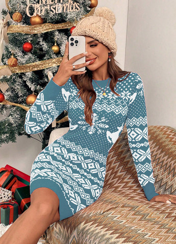 Бирюзовое кэжуал платье платье-свитер SHEIN с орнаментом