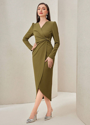Оливкова ділова, кежуал сукня на запах, футляр SHEIN однотонна