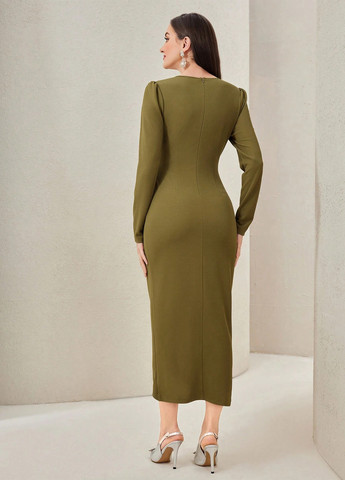 Оливкова ділова, кежуал сукня на запах, футляр SHEIN однотонна