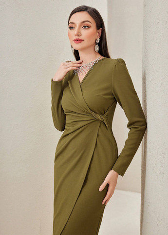 Оливкова ділова, кежуал сукня на запах, футляр SHEIN однотонна