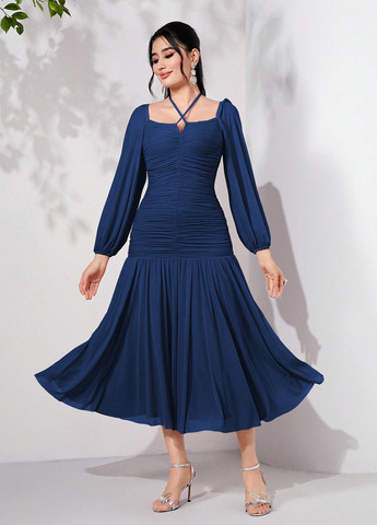 Темно-синя кежуал сукня плісована SHEIN однотонна