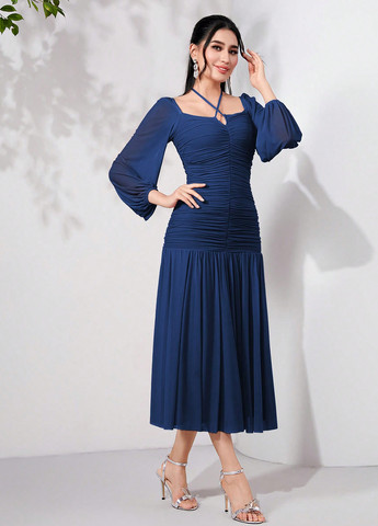 Темно-синя кежуал сукня плісована SHEIN однотонна