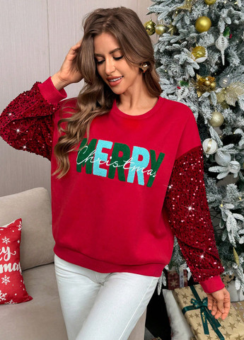 Красный свитшот SHEIN новогодний вышивка, двусторонние пайетки (340648610)