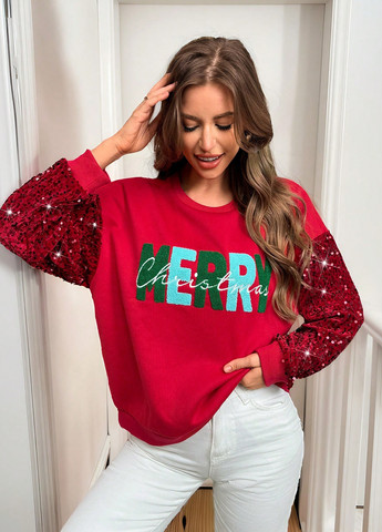 Красный свитшот SHEIN новогодний вышивка, двусторонние пайетки (340648610)