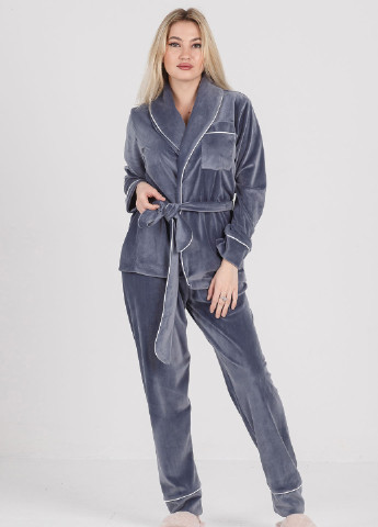 Серая всесезон велюровая серая пижама (халат+штаны) кофта + брюки SONTSVIT