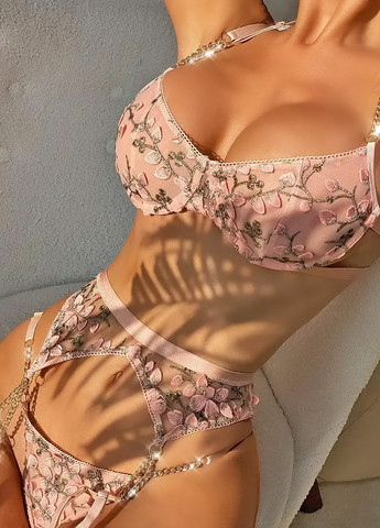 Рожевий демісезонний комплект (бюстгальтер, трусики, пояс, гартери) FOR DREAMS